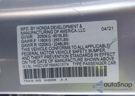 2021 Honda Accord Hybrid z USA, uszkodzony, nr VIN 1HGCV3F16MA013174